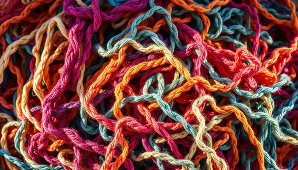 A pile of vibrant, multi-colored yarns made from recycled materials, meticulously woven and intertwined, creating a textured and visually captivating composition. The yarns are lit by warm, diffused lighting, casting soft shadows and highlights that accentuate the unique textures and patterns. The image is captured from a slightly elevated angle, allowing the viewer to appreciate the depth and intricate details of the recycled yarn arrangement. The overall mood is one of creativity, sustainability, and a modern approach to traditional crafting, reflecting the essence of the "Top Materials Driving the Modern Knitting Styles Movement" section. A pile of vibrant, multi-colored yarns made from recycled materials, meticulously woven and intertwined, creating a textured and visually captivating composition. The yarns are lit by warm, diffused lighting, casting soft shadows and highlights that accentuate the unique textures and patterns. The image is captured from a slightly elevated angle, allowing the viewer to appreciate the depth and intricate details of the recycled yarn arrangement. The overall mood is one of creativity, sustainability, and a modern approach to traditional crafting, reflecting the essence of the "Top Materials Driving the Modern Knitting Styles Movement" section.