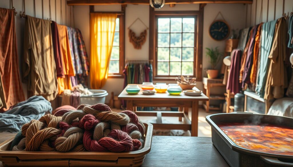 A serene eco-dye studio, bathed in warm natural light. Vibrant fabrics and yarns are artfully arranged, showcasing the rich colors and patterns achieved through natural dyeing techniques. In the foreground, a tray of freshly dyed skeins, their hues ranging from earthy ochres to vibrant botanicals. In the middle ground, a wooden table holds various dye baths, the liquids reflecting the colors they've imparted. The background reveals a window, framing a lush, verdant landscape, hinting at the sources of the natural dyes. The atmosphere is one of quiet contemplation, celebrating the harmonious connection between textiles, nature, and the sustainable creative process of eco-dyeing. A serene eco-dye studio, bathed in warm natural light. Vibrant fabrics and yarns are artfully arranged, showcasing the rich colors and patterns achieved through natural dyeing techniques. In the foreground, a tray of freshly dyed skeins, their hues ranging from earthy ochres to vibrant botanicals. In the middle ground, a wooden table holds various dye baths, the liquids reflecting the colors they've imparted. The background reveals a window, framing a lush, verdant landscape, hinting at the sources of the natural dyes. The atmosphere is one of quiet contemplation, celebrating the harmonious connection between textiles, nature, and the sustainable creative process of eco-dyeing.