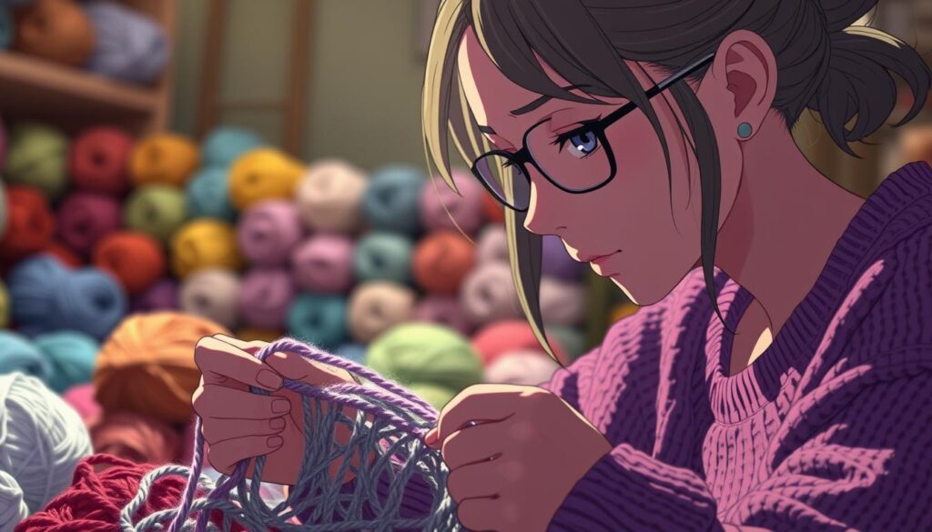 A skilled crocheter intently examining a tangled yarn mess, troubleshooting the issue with a focused expression. In the foreground, a pair of hands carefully manipulating the yarn, exploring the stitches and texture. The middle ground features a vibrant array of colorful yarn skeins, hinting at the creative potential. Soft, warm lighting illuminates the scene, creating a cozy, inviting atmosphere. The background is slightly blurred, drawing the viewer's attention to the problem-solving process at hand. The overall composition conveys the mindful, patient approach required to overcome crochet challenges and improve one's skills. A skilled crocheter intently examining a tangled yarn mess, troubleshooting the issue with a focused expression. In the foreground, a pair of hands carefully manipulating the yarn, exploring the stitches and texture. The middle ground features a vibrant array of colorful yarn skeins, hinting at the creative potential. Soft, warm lighting illuminates the scene, creating a cozy, inviting atmosphere. The background is slightly blurred, drawing the viewer's attention to the problem-solving process at hand. The overall composition conveys the mindful, patient approach required to overcome crochet challenges and improve one's skills.
