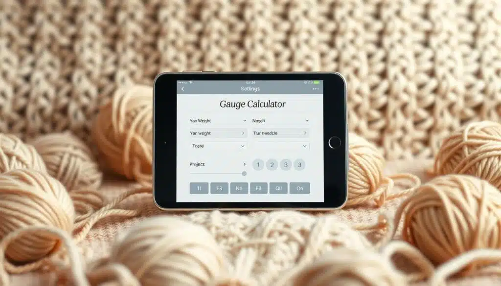 A sleek and intuitive gauge calculator app interface, set against a cozy, yarn-themed background. In the foreground, a minimalistic mobile device displays a digital gauge calculator with adjustable settings, allowing the user to input yarn weight, needle size, and other crochet project details. The middle ground features a scattered arrangement of soft, textured yarn skeins in a variety of natural, earthy tones, complementing the app's clean design. In the background, a softly blurred, out-of-focus pattern of crocheted stitches creates a warm, tactile atmosphere, reflecting the app's purpose of aiding in crochet projects. The overall scene conveys a sense of efficiency, organization, and the harmony between technology and the artisanal craft of crocheting. A sleek and intuitive gauge calculator app interface, set against a cozy, yarn-themed background. In the foreground, a minimalistic mobile device displays a digital gauge calculator with adjustable settings, allowing the user to input yarn weight, needle size, and other crochet project details. The middle ground features a scattered arrangement of soft, textured yarn skeins in a variety of natural, earthy tones, complementing the app's clean design. In the background, a softly blurred, out-of-focus pattern of crocheted stitches creates a warm, tactile atmosphere, reflecting the app's purpose of aiding in crochet projects. The overall scene conveys a sense of efficiency, organization, and the harmony between technology and the artisanal craft of crocheting.