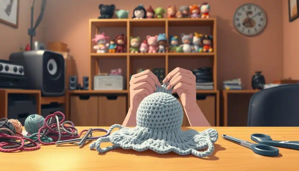 Amigurumi troubleshooting: A cozy, well-lit studio scene. In the foreground, a crochet project lies on a wooden table, surrounded by various tools - a crochet hook, scissors, and a tangle of colorful yarn. In the middle ground, a pair of hands gently manipulate the stitches, examining them closely. The background features a warm, neutral-toned wall, with shelves displaying a collection of whimsical amigurumi figures. Soft, natural lighting casts a gentle glow, creating a serene and contemplative atmosphere. The scene conveys a sense of problem-solving and the joy of the crochet craft. Amigurumi troubleshooting: A cozy, well-lit studio scene. In the foreground, a crochet project lies on a wooden table, surrounded by various tools - a crochet hook, scissors, and a tangle of colorful yarn. In the middle ground, a pair of hands gently manipulate the stitches, examining them closely. The background features a warm, neutral-toned wall, with shelves displaying a collection of whimsical amigurumi figures. Soft, natural lighting casts a gentle glow, creating a serene and contemplative atmosphere. The scene conveys a sense of problem-solving and the joy of the crochet craft.