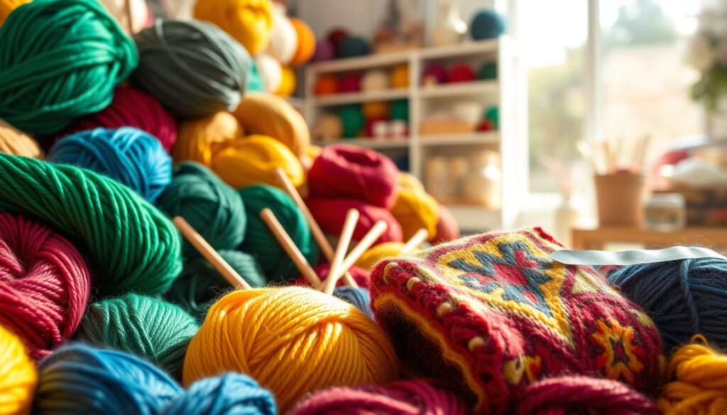 A beautifully arranged collection of colorful intarsia yarns, featuring a variety of textures and shades. In the foreground, a vibrant display of skeins and yarn balls in rich hues like emerald green, deep burgundy, sunny yellow, and cobalt blue. The middle ground shows knitting tools such as wooden needles and a cozy knitted swatch, showcasing an intricate intarsia design. In the background, a softly blur of a sunlight-filled craft room with shelves lined with more yarns and knitting supplies. The lighting is warm and inviting, creating a cheerful atmosphere. The angle captures the scene from a slightly elevated perspective, emphasizing the variety and beauty of the yarns while inviting viewers to explore the art of intarsia knitting. A beautifully arranged collection of colorful intarsia yarns, featuring a variety of textures and shades. In the foreground, a vibrant display of skeins and yarn balls in rich hues like emerald green, deep burgundy, sunny yellow, and cobalt blue. The middle ground shows knitting tools such as wooden needles and a cozy knitted swatch, showcasing an intricate intarsia design. In the background, a softly blur of a sunlight-filled craft room with shelves lined with more yarns and knitting supplies. The lighting is warm and inviting, creating a cheerful atmosphere. The angle captures the scene from a slightly elevated perspective, emphasizing the variety and beauty of the yarns while inviting viewers to explore the art of intarsia knitting.