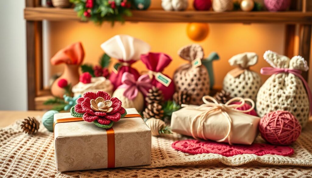 A beautifully arranged display of crochet gift packaging for Christmas presents, featuring vibrant, handmade crochet items like coasters, small baskets, and decorative ornaments. In the foreground, an elegantly wrapped gift box adorned with a hand-crocheted flower brooch sits atop a cozy knitted tablecloth. The middle layer includes an assortment of intricately crocheted gift bags and twine, complemented by natural elements like pinecones and evergreen sprigs. The background reveals a softly lit, rustic wooden shelf lined with more crochet gifts, creating a warm, festive atmosphere. Capture the scene with soft, warm lighting, using a shallow depth of field to focus on the crochet details while gently blurring the background. The overall mood is inviting and festive, perfect for the holiday season. A beautifully arranged display of crochet gift packaging for Christmas presents, featuring vibrant, handmade crochet items like coasters, small baskets, and decorative ornaments. In the foreground, an elegantly wrapped gift box adorned with a hand-crocheted flower brooch sits atop a cozy knitted tablecloth. The middle layer includes an assortment of intricately crocheted gift bags and twine, complemented by natural elements like pinecones and evergreen sprigs. The background reveals a softly lit, rustic wooden shelf lined with more crochet gifts, creating a warm, festive atmosphere. Capture the scene with soft, warm lighting, using a shallow depth of field to focus on the crochet details while gently blurring the background. The overall mood is inviting and festive, perfect for the holiday season.