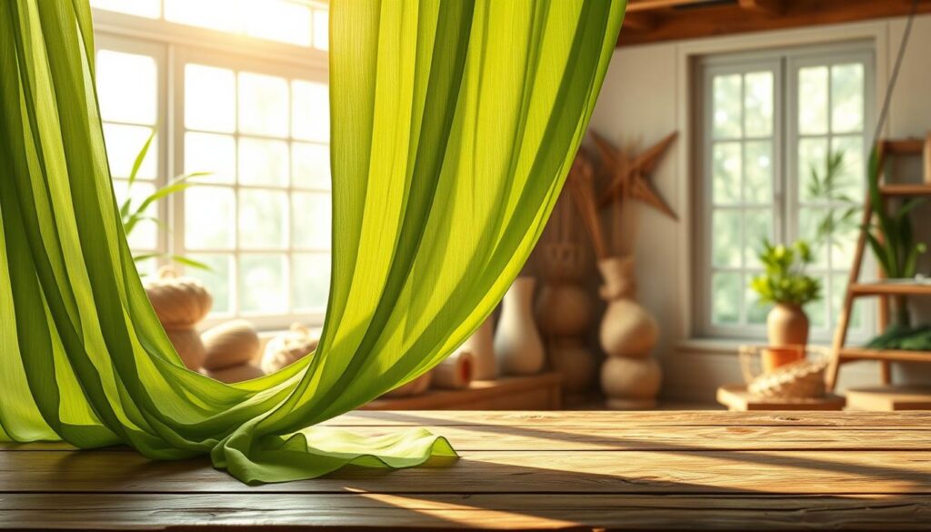 A beautifully arranged drape of lush green bamboo fabric cascades gracefully over a rustic wooden table in the foreground, showcasing its natural sheen and texture. The middle ground features skeins of bamboo and hemp yarn, intricately woven together, highlighting their eco-friendly qualities. In the background, soft, diffused sunlight filters through large windows, creating a warm, inviting atmosphere filled with gentle shadows that accentuate the fibers. The scene captures a tranquil, sustainable crafting environment, evoking a sense of harmony between nature and artisan creativity. Focused from an overhead angle with a subtle depth of field, the image conveys craftsmanship, durability, and serenity, emphasizing the beauty and sustainability of bamboo drapes in eco-friendly projects. A beautifully arranged drape of lush green bamboo fabric cascades gracefully over a rustic wooden table in the foreground, showcasing its natural sheen and texture. The middle ground features skeins of bamboo and hemp yarn, intricately woven together, highlighting their eco-friendly qualities. In the background, soft, diffused sunlight filters through large windows, creating a warm, inviting atmosphere filled with gentle shadows that accentuate the fibers. The scene captures a tranquil, sustainable crafting environment, evoking a sense of harmony between nature and artisan creativity. Focused from an overhead angle with a subtle depth of field, the image conveys craftsmanship, durability, and serenity, emphasizing the beauty and sustainability of bamboo drapes in eco-friendly projects.