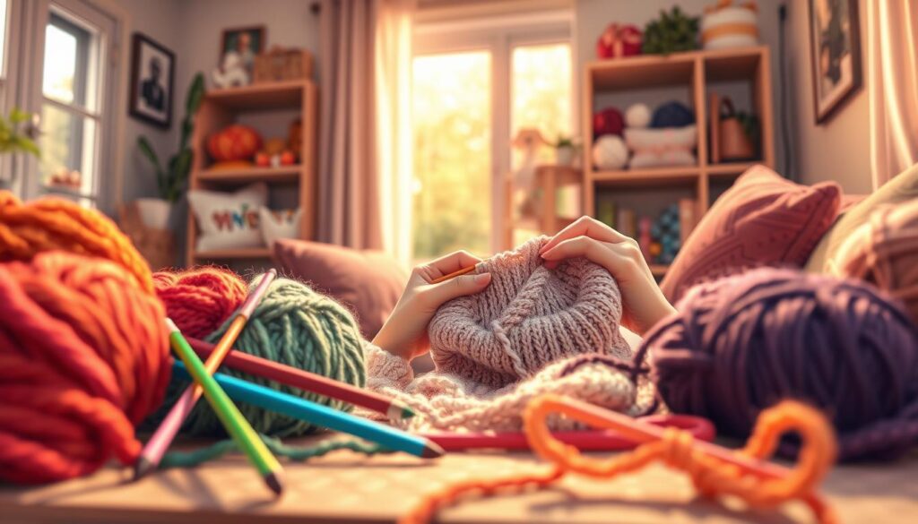 A beautifully arranged scene showcasing various knitting strategies for personalized gifts. In the foreground, there are distinct sections of vibrant yarns in an array of colors and textures, accompanied by sleek, colorful knitting needles. The middle ground features an artisan’s hands skillfully creating a unique knitted item, showcasing intricate patterns and stitches. In the background, a cozy living room is softly lit by warm, natural light streaming through a window, illuminating a shelf filled with completed knitted gifts, each reflecting differing styles for various personalities. The overall mood is inviting and heartfelt, emphasizing creativity and the personal touch in handmade gifts. Use a shallow depth of field to keep the focus on the knitting activity while slightly blurring the background. A beautifully arranged scene showcasing various knitting strategies for personalized gifts. In the foreground, there are distinct sections of vibrant yarns in an array of colors and textures, accompanied by sleek, colorful knitting needles. The middle ground features an artisan’s hands skillfully creating a unique knitted item, showcasing intricate patterns and stitches. In the background, a cozy living room is softly lit by warm, natural light streaming through a window, illuminating a shelf filled with completed knitted gifts, each reflecting differing styles for various personalities. The overall mood is inviting and heartfelt, emphasizing creativity and the personal touch in handmade gifts. Use a shallow depth of field to keep the focus on the knitting activity while slightly blurring the background.