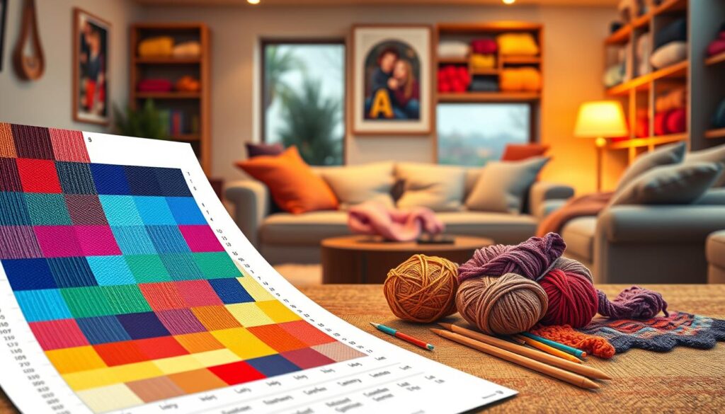 A beautifully detailed intarsia chart for knitting, featuring a vibrant array of colorful yarns in geometric patterns, showcasing meticulous color placement. In the foreground, there's a close-up view of the chart, with clearly defined blocks of color in rich hues like deep blues, bright reds, and warm yellows. In the middle ground, a set of knitting tools, including needles and swatches of yarn, is arranged artistically, enhancing the crafting theme. The background softly fades to a cozy knitting space with plush couches and shelves filled with yarn, all under warm, inviting lighting. The atmosphere feels creative and inspiring, inviting crafters to dive into their design planning. No text or watermarks in the image. A beautifully detailed intarsia chart for knitting, featuring a vibrant array of colorful yarns in geometric patterns, showcasing meticulous color placement. In the foreground, there's a close-up view of the chart, with clearly defined blocks of color in rich hues like deep blues, bright reds, and warm yellows. In the middle ground, a set of knitting tools, including needles and swatches of yarn, is arranged artistically, enhancing the crafting theme. The background softly fades to a cozy knitting space with plush couches and shelves filled with yarn, all under warm, inviting lighting. The atmosphere feels creative and inspiring, inviting crafters to dive into their design planning. No text or watermarks in the image.