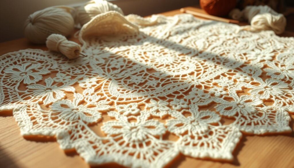 A beautifully intricate blocking lace shawl, meticulously spread out on a clean, textured wooden surface. The shawl features delicate, openwork patterns with floral motifs and scalloped edges, showcasing its craftsmanship. In the foreground, soft natural light casts gentle shadows, highlighting the lace's ethereal quality and fine details. In the middle, a sewing gauge and pins are subtly placed, suggesting the blocking process. The background is softly blurred, hinting at a cozy knitting corner with hints of yarn and tools, creating an inviting atmosphere. The overall mood is calm and inspiring, perfect for illustrating the art of blocking lace in knitting. A beautifully intricate blocking lace shawl, meticulously spread out on a clean, textured wooden surface. The shawl features delicate, openwork patterns with floral motifs and scalloped edges, showcasing its craftsmanship. In the foreground, soft natural light casts gentle shadows, highlighting the lace's ethereal quality and fine details. In the middle, a sewing gauge and pins are subtly placed, suggesting the blocking process. The background is softly blurred, hinting at a cozy knitting corner with hints of yarn and tools, creating an inviting atmosphere. The overall mood is calm and inspiring, perfect for illustrating the art of blocking lace in knitting.