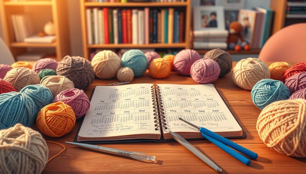 A beautifully organized crochet schedule laid out on a wooden table, featuring vibrant yarn balls in various colors surrounding an open notebook filled with hand-drawn calendars. In the foreground, a pair of crochet hooks lies beside the notebook, showcasing intricate patterns. The middle of the scene includes a well-lit workspace illuminated by a soft golden light, with skeins of yarn in pastel shades carefully arranged to evoke a cozy atmosphere. In the background, a soft-focus view of a shelf adorned with crochet books and finished projects adds depth. The overall mood is inviting and creative, ideal for planning a year-long crochet project, encouraging a sense of organization and inspiration. A beautifully organized crochet schedule laid out on a wooden table, featuring vibrant yarn balls in various colors surrounding an open notebook filled with hand-drawn calendars. In the foreground, a pair of crochet hooks lies beside the notebook, showcasing intricate patterns. The middle of the scene includes a well-lit workspace illuminated by a soft golden light, with skeins of yarn in pastel shades carefully arranged to evoke a cozy atmosphere. In the background, a soft-focus view of a shelf adorned with crochet books and finished projects adds depth. The overall mood is inviting and creative, ideal for planning a year-long crochet project, encouraging a sense of organization and inspiration.