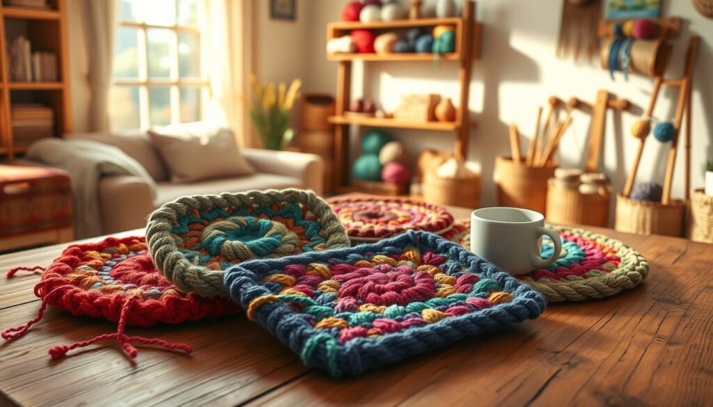 A beautifully woven collection of mug rugs made from colorful yarn scraps, showcasing a variety of textures and patterns. In the foreground, a vibrant array of finished mug rugs in different shapes—rectangular, round, and oval—nestled on a rustic wooden table, with subtle hints of yarn strands. The middle layer features a cozy living room setting with a warm, inviting atmosphere, accentuated by soft, diffused lighting filtering through a nearby window, casting gentle shadows. In the background, a shelf displays an assortment of yarn skeins and weaving tools, adding to the homely decor. The overall mood is artistic and creative, encouraging viewers to embrace their scrap-friendly decor ideas. Capture the scene from a slight overhead angle to emphasize the detail in the textures and colors of the mug rugs. A beautifully woven collection of mug rugs made from colorful yarn scraps, showcasing a variety of textures and patterns. In the foreground, a vibrant array of finished mug rugs in different shapes—rectangular, round, and oval—nestled on a rustic wooden table, with subtle hints of yarn strands. The middle layer features a cozy living room setting with a warm, inviting atmosphere, accentuated by soft, diffused lighting filtering through a nearby window, casting gentle shadows. In the background, a shelf displays an assortment of yarn skeins and weaving tools, adding to the homely decor. The overall mood is artistic and creative, encouraging viewers to embrace their scrap-friendly decor ideas. Capture the scene from a slight overhead angle to emphasize the detail in the textures and colors of the mug rugs.