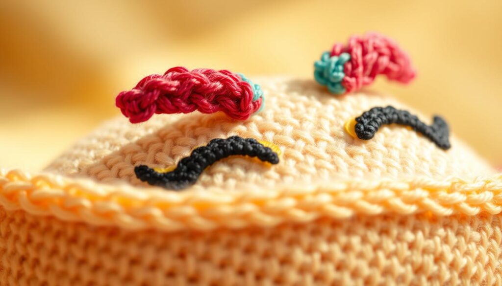 A close-up image of vibrant amigurumi eyebrows crafted from colorful yarn, showcasing intricate stitching and playful designs. The eyebrows should be expressive, with a slight arch to convey surprise and joy, adding personality to imaginary characters. Positioned prominently in the foreground, the eyebrows rest on a soft, textured fabric background that subtly fades into a warm, pastel hue to create an inviting atmosphere. Soft, natural lighting enhances the yarn's texture and shadows, emphasizing the craft's detail. The angle should be slightly tilted, imparting an artistic feel to the composition. The overall mood is whimsical and lively, reflecting the joy of bringing stuffed creations to life through embroidery. A close-up image of vibrant amigurumi eyebrows crafted from colorful yarn, showcasing intricate stitching and playful designs. The eyebrows should be expressive, with a slight arch to convey surprise and joy, adding personality to imaginary characters. Positioned prominently in the foreground, the eyebrows rest on a soft, textured fabric background that subtly fades into a warm, pastel hue to create an inviting atmosphere. Soft, natural lighting enhances the yarn's texture and shadows, emphasizing the craft's detail. The angle should be slightly tilted, imparting an artistic feel to the composition. The overall mood is whimsical and lively, reflecting the joy of bringing stuffed creations to life through embroidery.