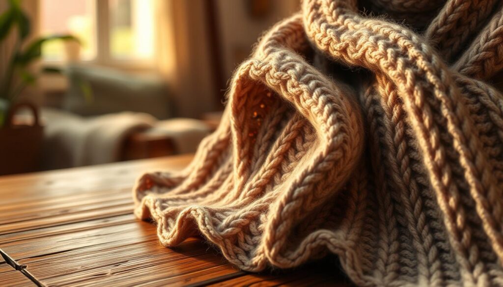 A close-up view of a beautifully knitted fisherman's rib scarf pattern, showcasing its intricate texture and warmth. The foreground features the scarf draped elegantly over a rustic wooden table, with soft lighting highlighting the stitches. In the middle, there are gentle folds and ripples in the fabric, illustrating the depth of the ribbing. The background is softly blurred, hinting at a cozy living space with warm, natural colors, such as rich browns and deep greens, evoking a sense of comfort and homeliness. The overall mood is inviting and serene, perfect for a handcrafted gift, with a warm and natural light illuminating the scene, enhancing the fibers of the yarn. A close-up view of a beautifully knitted fisherman's rib scarf pattern, showcasing its intricate texture and warmth. The foreground features the scarf draped elegantly over a rustic wooden table, with soft lighting highlighting the stitches. In the middle, there are gentle folds and ripples in the fabric, illustrating the depth of the ribbing. The background is softly blurred, hinting at a cozy living space with warm, natural colors, such as rich browns and deep greens, evoking a sense of comfort and homeliness. The overall mood is inviting and serene, perfect for a handcrafted gift, with a warm and natural light illuminating the scene, enhancing the fibers of the yarn.