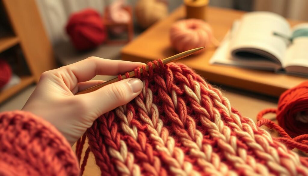 A close-up view of a person's hands skillfully performing cable stitches in knitting, featuring vibrant yarn in shades of deep red and soft cream. The foreground focuses on the hands, holding knitting needles, while the cable stitches twist and weave intricately between them. The middle ground showcases a partially completed piece of knitting with clear cable patterns, emphasizing the texture and depth of the stitches. In the background, a softly blurred workspace with cozy lighting, including a wooden table and a few knitting supplies like skeins and a pattern book. The atmosphere is warm and inviting, illustrating the craft's artistry and the enjoyment of cable knitting, capturing a sense of hands-on creativity and mastery. A close-up view of a person's hands skillfully performing cable stitches in knitting, featuring vibrant yarn in shades of deep red and soft cream. The foreground focuses on the hands, holding knitting needles, while the cable stitches twist and weave intricately between them. The middle ground showcases a partially completed piece of knitting with clear cable patterns, emphasizing the texture and depth of the stitches. In the background, a softly blurred workspace with cozy lighting, including a wooden table and a few knitting supplies like skeins and a pattern book. The atmosphere is warm and inviting, illustrating the craft's artistry and the enjoyment of cable knitting, capturing a sense of hands-on creativity and mastery.