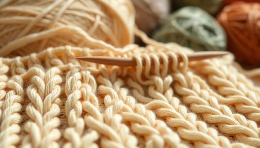 A close-up view of an 8-stitch left twist cable knitting pattern, showcasing intricate stitches with a rich texture. The foreground features soft, natural fiber yarn in a warm cream color, elegantly arranged to highlight the cable twists. The pattern demonstrates clear twisting and purl stitches, emphasizing the skill involved in cable knitting. In the middle ground, a pair of wooden knitting needles is thoughtfully placed, with a few additional stitches left hanging, creating a sense of unfinished craft. The background softly blurred includes skeins of various yarn colors, adding depth and warmth to the image. Strong, diffused natural lighting provides a cozy and inviting atmosphere, enhancing the artisanal feel of the cable knitting process. A close-up view of an 8-stitch left twist cable knitting pattern, showcasing intricate stitches with a rich texture. The foreground features soft, natural fiber yarn in a warm cream color, elegantly arranged to highlight the cable twists. The pattern demonstrates clear twisting and purl stitches, emphasizing the skill involved in cable knitting. In the middle ground, a pair of wooden knitting needles is thoughtfully placed, with a few additional stitches left hanging, creating a sense of unfinished craft. The background softly blurred includes skeins of various yarn colors, adding depth and warmth to the image. Strong, diffused natural lighting provides a cozy and inviting atmosphere, enhancing the artisanal feel of the cable knitting process.