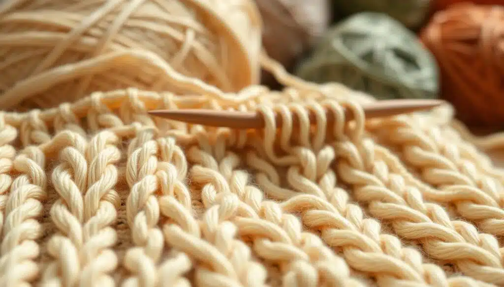 A close-up view of an 8-stitch left twist cable knitting pattern, showcasing intricate stitches with a rich texture. The foreground features soft, natural fiber yarn in a warm cream color, elegantly arranged to highlight the cable twists. The pattern demonstrates clear twisting and purl stitches, emphasizing the skill involved in cable knitting. In the middle ground, a pair of wooden knitting needles is thoughtfully placed, with a few additional stitches left hanging, creating a sense of unfinished craft. The background softly blurred includes skeins of various yarn colors, adding depth and warmth to the image. Strong, diffused natural lighting provides a cozy and inviting atmosphere, enhancing the artisanal feel of the cable knitting process. A close-up view of an 8-stitch left twist cable knitting pattern, showcasing intricate stitches with a rich texture. The foreground features soft, natural fiber yarn in a warm cream color, elegantly arranged to highlight the cable twists. The pattern demonstrates clear twisting and purl stitches, emphasizing the skill involved in cable knitting. In the middle ground, a pair of wooden knitting needles is thoughtfully placed, with a few additional stitches left hanging, creating a sense of unfinished craft. The background softly blurred includes skeins of various yarn colors, adding depth and warmth to the image. Strong, diffused natural lighting provides a cozy and inviting atmosphere, enhancing the artisanal feel of the cable knitting process.