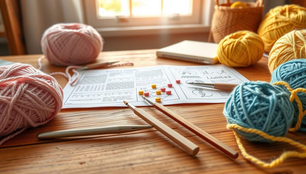 A close-up view of intricate crochet pattern writing laid out on a wooden crafting table. In the foreground, colorful yarn balls in shades of pastel pink, blue, and yellow are artfully arranged, alongside a pair of crochet hooks. The middle of the scene features detailed crochet charts filled with symbols and stitches, elegantly scattered with fresh stitch markers. In the background, a softly blurred window lets in warm, natural light, enhancing the inviting atmosphere of a cozy crafting space. The entire composition exudes a sense of creativity and inspiration, perfect for crochet designers looking to refine their craft. A close-up view of intricate crochet pattern writing laid out on a wooden crafting table. In the foreground, colorful yarn balls in shades of pastel pink, blue, and yellow are artfully arranged, alongside a pair of crochet hooks. The middle of the scene features detailed crochet charts filled with symbols and stitches, elegantly scattered with fresh stitch markers. In the background, a softly blurred window lets in warm, natural light, enhancing the inviting atmosphere of a cozy crafting space. The entire composition exudes a sense of creativity and inspiration, perfect for crochet designers looking to refine their craft.