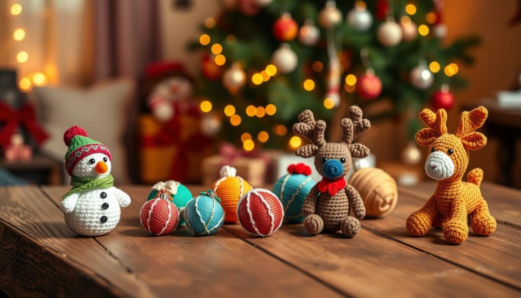 A collection of mini amigurumi ornaments displayed aesthetically on a rustic wooden table. In the foreground, showcase a variety of crochet ornaments, including a tiny snowman, colorful Christmas balls, and a cute reindeer, all featuring vibrant, festive yarns. The middle ground includes soft, blurred fairy lights twinkling in warm hues, enhancing the holiday spirit. In the background, a hint of a cozy, decorated room is visible, with a tree adorned with similar crochet ornaments. The lighting is soft and warm, evoking a cheerful and inviting atmosphere. The image is captured from a slightly overhead angle, creating a sense of depth and charm, perfect for illustrating a festive crochet theme. A collection of mini amigurumi ornaments displayed aesthetically on a rustic wooden table. In the foreground, showcase a variety of crochet ornaments, including a tiny snowman, colorful Christmas balls, and a cute reindeer, all featuring vibrant, festive yarns. The middle ground includes soft, blurred fairy lights twinkling in warm hues, enhancing the holiday spirit. In the background, a hint of a cozy, decorated room is visible, with a tree adorned with similar crochet ornaments. The lighting is soft and warm, evoking a cheerful and inviting atmosphere. The image is captured from a slightly overhead angle, creating a sense of depth and charm, perfect for illustrating a festive crochet theme.