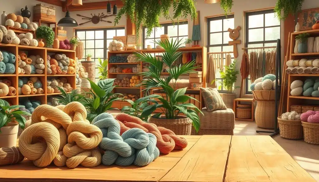 A cozy and inviting scene of a well-stocked yarn shop in the USA, showcasing a variety of sustainable yarns. In the foreground, a wooden table displays colorful skeins made from organic cotton, bamboo, and recycled fibers, artfully arranged in neat piles. The middle ground features shelves lined with earthy-toned yarns, surrounded by plants that evoke a green, eco-friendly vibe. Bright, natural light filters through large windows, illuminating the textured surfaces of the yarns. In the background, a warm, rustic decor with handcrafted tools and knitting samples enhances the atmosphere of creativity and sustainability. The overall mood is warm and inviting, perfect for eco-conscious crafters seeking quality materials. A cozy and inviting scene of a well-stocked yarn shop in the USA, showcasing a variety of sustainable yarns. In the foreground, a wooden table displays colorful skeins made from organic cotton, bamboo, and recycled fibers, artfully arranged in neat piles. The middle ground features shelves lined with earthy-toned yarns, surrounded by plants that evoke a green, eco-friendly vibe. Bright, natural light filters through large windows, illuminating the textured surfaces of the yarns. In the background, a warm, rustic decor with handcrafted tools and knitting samples enhances the atmosphere of creativity and sustainability. The overall mood is warm and inviting, perfect for eco-conscious crafters seeking quality materials.