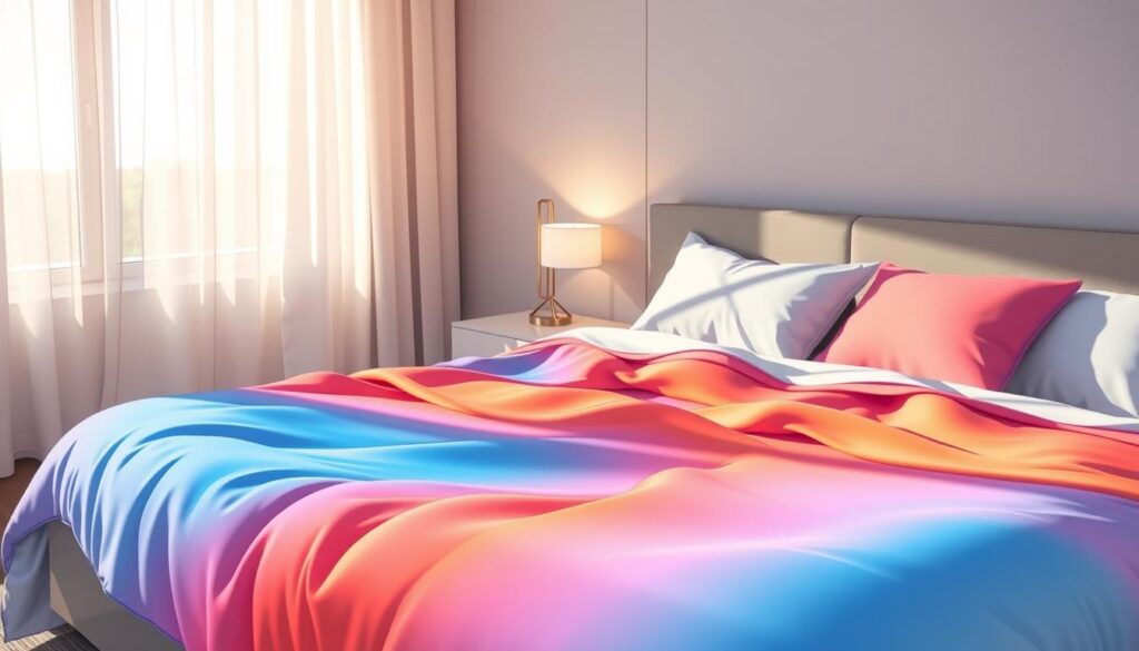 A cozy and modern bedroom setting featuring a vibrant temperature blanket designed for 2026. In the foreground, showcase the blanket spread across a neatly made bed, with an array of warm and cool colors representing temperature regulation—blues, reds, and soft whites blending harmoniously. The middle ground includes a bedside table adorned with a stylish lamp casting soft, warm lighting, enhancing the inviting atmosphere. In the background, a large window with sheer curtains allows natural sunlight to filter in, creating a tranquil environment. The overall mood is serene and comfortable, perfect for a peaceful sleep experience, with sleek, contemporary decor elements. Use a slightly elevated angle to capture the entire scene, emphasizing the blanket as the focal point without any text overlays or distractions. A cozy and modern bedroom setting featuring a vibrant temperature blanket designed for 2026. In the foreground, showcase the blanket spread across a neatly made bed, with an array of warm and cool colors representing temperature regulation—blues, reds, and soft whites blending harmoniously. The middle ground includes a bedside table adorned with a stylish lamp casting soft, warm lighting, enhancing the inviting atmosphere. In the background, a large window with sheer curtains allows natural sunlight to filter in, creating a tranquil environment. The overall mood is serene and comfortable, perfect for a peaceful sleep experience, with sleek, contemporary decor elements. Use a slightly elevated angle to capture the entire scene, emphasizing the blanket as the focal point without any text overlays or distractions.
