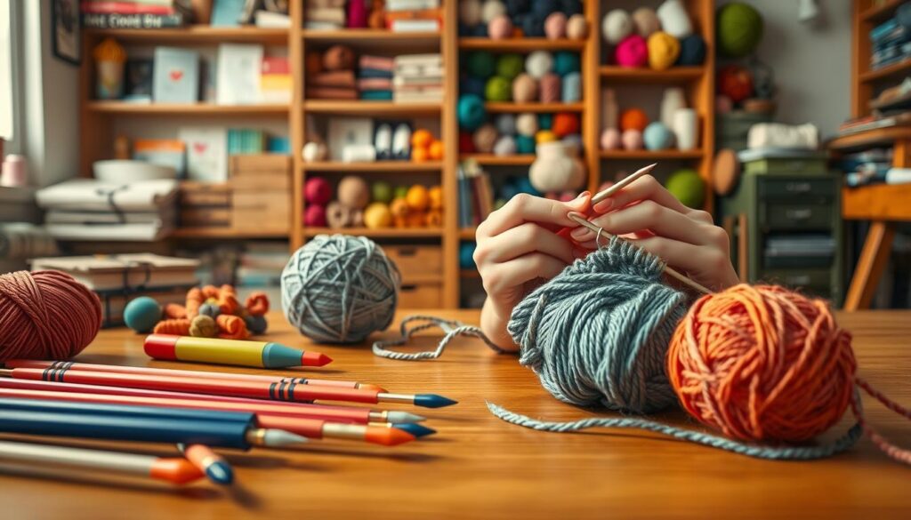 A cozy and well-lit knitting workspace featuring various innovative knitting needle hacks neatly arranged on a wooden table. In the foreground, a close-up of colorful knitting needles with unique grips and attachments alongside a neatly wound ball of vibrant yarn. In the middle ground, a pair of hands expertly using a knitting needle with an easy-to-use hack demonstrated, showcasing a simple stitch. In the background, a soft-focus display of neatly organized knitting supplies, including books, yarn, and tools on shelves, creating a warm and inviting atmosphere. The lighting is soft and warm, highlighting the details of the materials, captured from a slightly elevated angle to emphasize the techniques and inspire creativity. A cozy and well-lit knitting workspace featuring various innovative knitting needle hacks neatly arranged on a wooden table. In the foreground, a close-up of colorful knitting needles with unique grips and attachments alongside a neatly wound ball of vibrant yarn. In the middle ground, a pair of hands expertly using a knitting needle with an easy-to-use hack demonstrated, showcasing a simple stitch. In the background, a soft-focus display of neatly organized knitting supplies, including books, yarn, and tools on shelves, creating a warm and inviting atmosphere. The lighting is soft and warm, highlighting the details of the materials, captured from a slightly elevated angle to emphasize the techniques and inspire creativity.