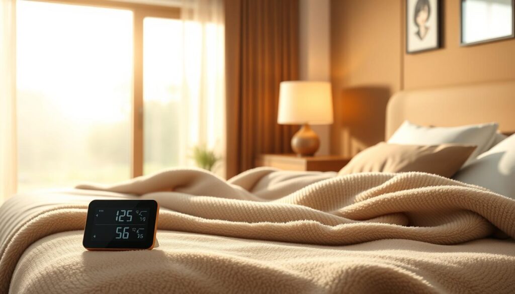 A cozy bedroom scene, focusing on a stylish, plush temperature blanket draped over a neatly made bed. In the foreground, a sleek digital thermometer rests on a bedside table, displaying various temperature readings. The middle layer features a soft, ambient light glowing from a bedside lamp, illuminating the blanket's texture. In the background, a large window showcases a calm outdoor setting with gentle sunlight filtering through sheer curtains. The room is decorated with warm earth tones, creating an inviting atmosphere. Use a soft focus lens to enhance the serene mood, capturing a sense of comfort and warmth, perfect for planning the best temperature blanket for 2026. A cozy bedroom scene, focusing on a stylish, plush temperature blanket draped over a neatly made bed. In the foreground, a sleek digital thermometer rests on a bedside table, displaying various temperature readings. The middle layer features a soft, ambient light glowing from a bedside lamp, illuminating the blanket's texture. In the background, a large window showcases a calm outdoor setting with gentle sunlight filtering through sheer curtains. The room is decorated with warm earth tones, creating an inviting atmosphere. Use a soft focus lens to enhance the serene mood, capturing a sense of comfort and warmth, perfect for planning the best temperature blanket for 2026.