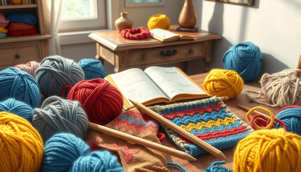 A cozy crafting workspace showcasing the basics of stranded knitting. In the foreground, an assortment of colorful yarn balls created from soft, textured fibers are strewn about, with vibrant shades of blue, red, and yellow prominently displayed. A pair of wooden knitting needles rests beside partially completed swatches of intricate colorwork patterns, demonstrating the art of stranded knitting. In the middle ground, a well-worn antique table adds warmth, and an open knitting book lies casually, showing diagrams of stitches. The background features soft, natural light filtering through a nearby window, illuminating the scene and casting gentle shadows. The atmosphere is inviting and creative, embodying a playful, artistic space for knitters. A cozy crafting workspace showcasing the basics of stranded knitting. In the foreground, an assortment of colorful yarn balls created from soft, textured fibers are strewn about, with vibrant shades of blue, red, and yellow prominently displayed. A pair of wooden knitting needles rests beside partially completed swatches of intricate colorwork patterns, demonstrating the art of stranded knitting. In the middle ground, a well-worn antique table adds warmth, and an open knitting book lies casually, showing diagrams of stitches. The background features soft, natural light filtering through a nearby window, illuminating the scene and casting gentle shadows. The atmosphere is inviting and creative, embodying a playful, artistic space for knitters.