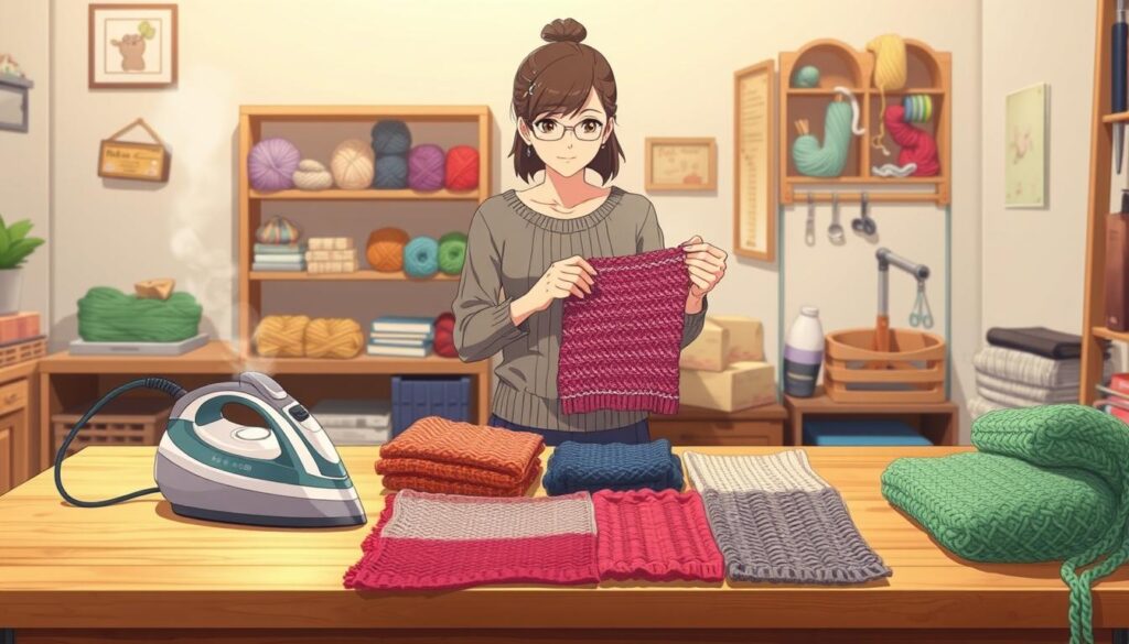 A cozy indoor setting featuring a workspace dedicated to steam blocking knitting techniques. In the foreground, a softly lit wooden table displays a steaming iron next to a neatly arranged selection of colorful knitted swatches, each showcasing different textures and patterns. The middle ground features a knowledgeable knitter in modest casual clothing, gently pressing the steam iron onto a vibrant swatch, demonstrating the process of steam blocking. In the background, a shelf is adorned with yarn of various colors and tools like measuring tapes and scissors, conveying a creative atmosphere filled with soft, warm lighting. The overall mood is inviting and educational, encouraging viewers to engage with the steam blocking process while highlighting its pros and cons visually. A cozy indoor setting featuring a workspace dedicated to steam blocking knitting techniques. In the foreground, a softly lit wooden table displays a steaming iron next to a neatly arranged selection of colorful knitted swatches, each showcasing different textures and patterns. The middle ground features a knowledgeable knitter in modest casual clothing, gently pressing the steam iron onto a vibrant swatch, demonstrating the process of steam blocking. In the background, a shelf is adorned with yarn of various colors and tools like measuring tapes and scissors, conveying a creative atmosphere filled with soft, warm lighting. The overall mood is inviting and educational, encouraging viewers to engage with the steam blocking process while highlighting its pros and cons visually.