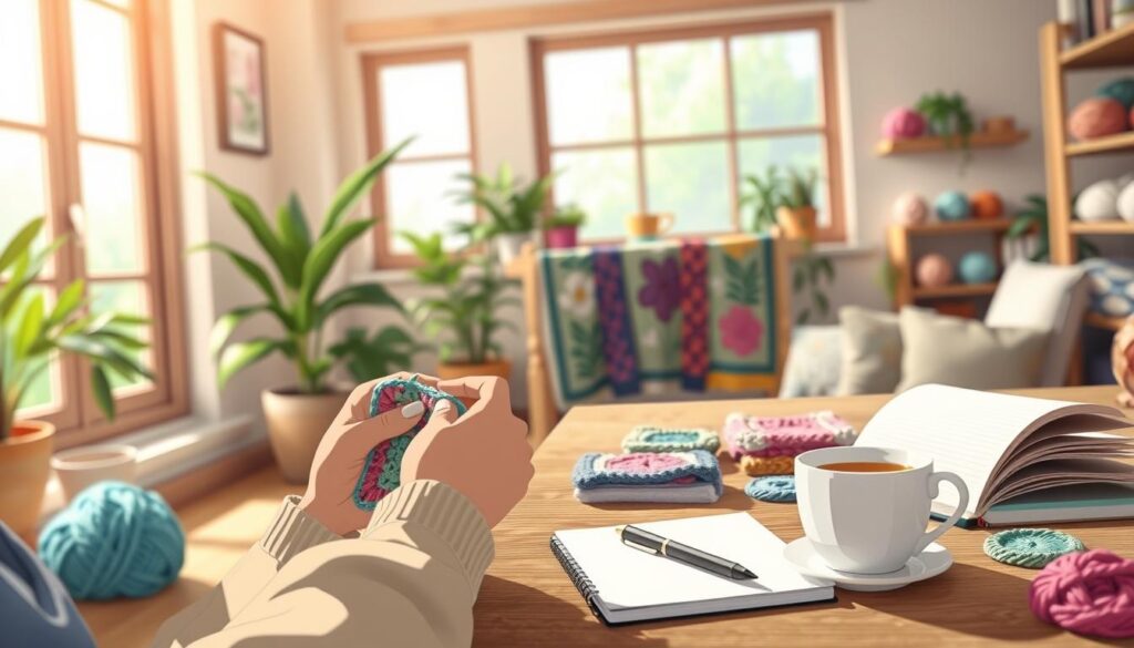 A cozy indoor setting with natural light filtering through a large window, creating a warm atmosphere. In the foreground, a pair of hands skillfully finishing a colorful crochet square, showcasing vibrant yarns in shades of blue, green, and pink. The middle ground features a neatly arranged collection of completed crochet items, such as small blankets and coasters, symbolizing achievement. On a nearby table, a notebook and pen rest beside a steaming cup of tea, emphasizing a moment of reflection and satisfaction. The background includes soft-focus plants and shelves lined with yarn, enhancing the homely feeling. The scene should convey a sense of calm and accomplishment, inviting viewers to appreciate the therapeutic benefits of crochet for mental well-being. A cozy indoor setting with natural light filtering through a large window, creating a warm atmosphere. In the foreground, a pair of hands skillfully finishing a colorful crochet square, showcasing vibrant yarns in shades of blue, green, and pink. The middle ground features a neatly arranged collection of completed crochet items, such as small blankets and coasters, symbolizing achievement. On a nearby table, a notebook and pen rest beside a steaming cup of tea, emphasizing a moment of reflection and satisfaction. The background includes soft-focus plants and shelves lined with yarn, enhancing the homely feeling. The scene should convey a sense of calm and accomplishment, inviting viewers to appreciate the therapeutic benefits of crochet for mental well-being.