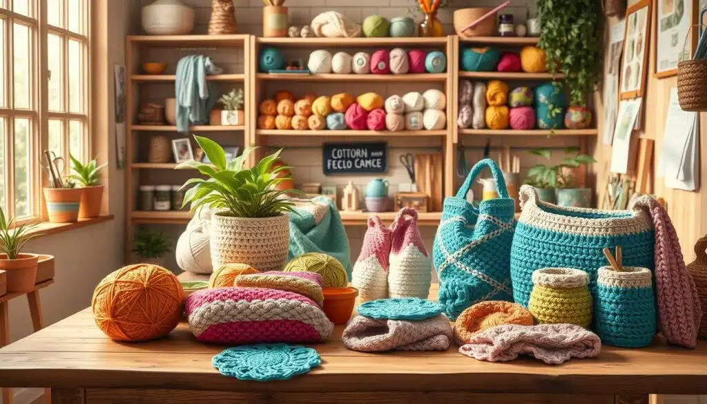 A cozy indoor workspace featuring an array of beautifully crafted reusable crochet projects made from sustainable materials. In the foreground, a variety of colorful crochet items, such as tote bags, dishcloths, and plant holders, are neatly displayed on a rustic wooden table. The middle ground includes a well-organized shelf filled with eco-friendly yarns in natural fibers, like cotton and bamboo, alongside tools like crochet hooks and scissors. In the background, a warm window with sunlight streaming in casts soft shadows, enriching the inviting atmosphere. The scene is captured with a soft-focus lens, emphasizing the textures of the yarn and the intricate stitches of the crochet items. The mood is serene and inspiring, perfect for eco-conscious crafting. A cozy indoor workspace featuring an array of beautifully crafted reusable crochet projects made from sustainable materials. In the foreground, a variety of colorful crochet items, such as tote bags, dishcloths, and plant holders, are neatly displayed on a rustic wooden table. The middle ground includes a well-organized shelf filled with eco-friendly yarns in natural fibers, like cotton and bamboo, alongside tools like crochet hooks and scissors. In the background, a warm window with sunlight streaming in casts soft shadows, enriching the inviting atmosphere. The scene is captured with a soft-focus lens, emphasizing the textures of the yarn and the intricate stitches of the crochet items. The mood is serene and inspiring, perfect for eco-conscious crafting.