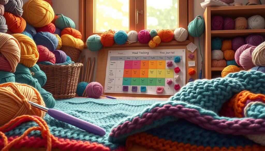 A cozy, inviting crochet workspace showcasing a variety of colorful yarns in organized skeins. In the foreground, a vibrant crochet hook rests beside a half-finished blanket, with a tapestry of intricate stitches visible. In the middle ground, a mood tracking chart made of yarn pieces and small swatches illustrates emotional progress through color-coded sections, symbolizing different feelings. The background features soft, natural lighting filtering in from a window, illuminating the texture of the yarn and the warmth of wooden furniture. The atmosphere is calm and creative, reflecting a journey of personal growth and stress relief through the art of crochet, filled with warmth and inspiration. A cozy, inviting crochet workspace showcasing a variety of colorful yarns in organized skeins. In the foreground, a vibrant crochet hook rests beside a half-finished blanket, with a tapestry of intricate stitches visible. In the middle ground, a mood tracking chart made of yarn pieces and small swatches illustrates emotional progress through color-coded sections, symbolizing different feelings. The background features soft, natural lighting filtering in from a window, illuminating the texture of the yarn and the warmth of wooden furniture. The atmosphere is calm and creative, reflecting a journey of personal growth and stress relief through the art of crochet, filled with warmth and inspiration.