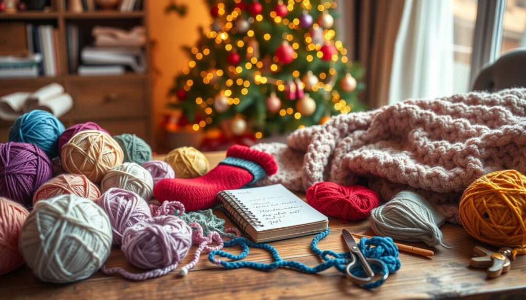 A cozy, inviting scene showcasing an array of colorful yarns and half-finished crochet projects spread across a rustic wooden table. In the foreground, vibrant balls of yarn in soft pastels and deep jewel tones are accompanied by crochet hooks, scissors, and a small notebook with hand-written patterns. The middle of the image features a couple of completed crochet items, like a cheerful red stocking and a chunky blanket, draped casually over the table. In the background, softly lit by warm, ambient lighting, a beautifully decorated Christmas tree glimmers, adding to the festive atmosphere. The overall mood is warm and inspiring, ideal for weekend crafting. The image captures the essence of last-minute yet thoughtful handmade gifts, framed by a softly blurred background for a serene focus. A cozy, inviting scene showcasing an array of colorful yarns and half-finished crochet projects spread across a rustic wooden table. In the foreground, vibrant balls of yarn in soft pastels and deep jewel tones are accompanied by crochet hooks, scissors, and a small notebook with hand-written patterns. The middle of the image features a couple of completed crochet items, like a cheerful red stocking and a chunky blanket, draped casually over the table. In the background, softly lit by warm, ambient lighting, a beautifully decorated Christmas tree glimmers, adding to the festive atmosphere. The overall mood is warm and inspiring, ideal for weekend crafting. The image captures the essence of last-minute yet thoughtful handmade gifts, framed by a softly blurred background for a serene focus.
