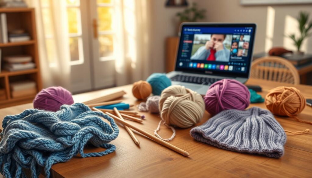 A cozy knitting setup showcasing essential gear for beginners and enthusiasts. In the foreground, a beautiful wooden table displays colorful balls of yarn in natural fibers, along with an assortment of knitting needles of various sizes. A pair of gently worn knitting projects, including a half-finished scarf and a simple beanie, lay invitingly on the table. In the middle ground, a laptop streams a knitting tutorial video, with vibrant visuals of techniques being demonstrated on the screen. The background features a softly lit room with warm natural light filtering through a window, casting gentle shadows. The atmosphere is warm and inviting, encouraging creativity and inspiration for knitters of all levels. No text or logos included; focus is solely on the knitting gear and setup. A cozy knitting setup showcasing essential gear for beginners and enthusiasts. In the foreground, a beautiful wooden table displays colorful balls of yarn in natural fibers, along with an assortment of knitting needles of various sizes. A pair of gently worn knitting projects, including a half-finished scarf and a simple beanie, lay invitingly on the table. In the middle ground, a laptop streams a knitting tutorial video, with vibrant visuals of techniques being demonstrated on the screen. The background features a softly lit room with warm natural light filtering through a window, casting gentle shadows. The atmosphere is warm and inviting, encouraging creativity and inspiration for knitters of all levels. No text or logos included; focus is solely on the knitting gear and setup.