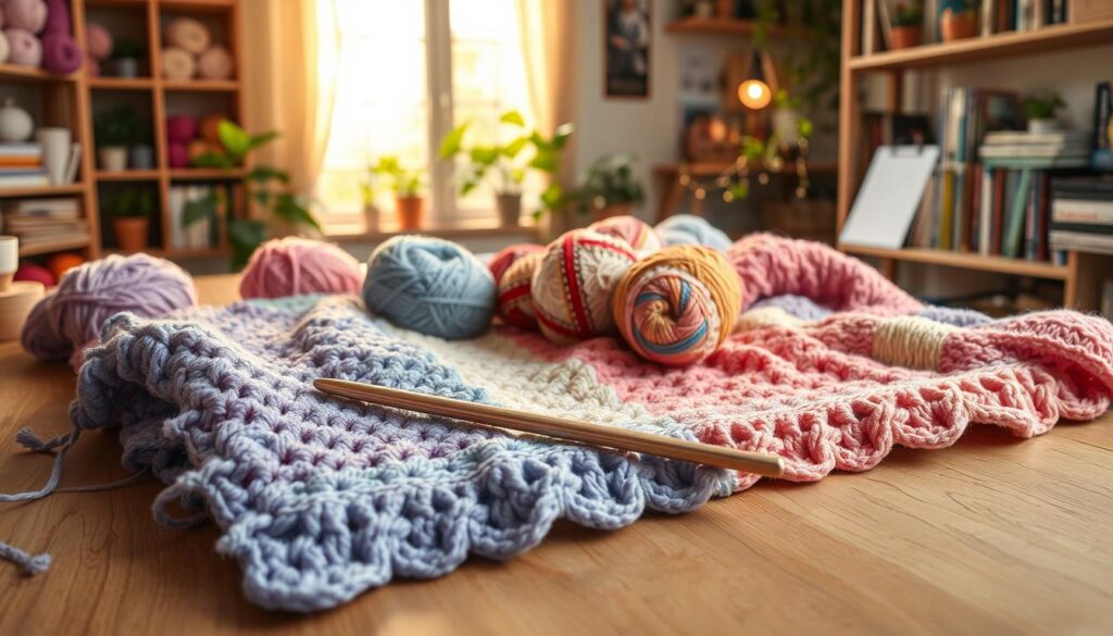 A cozy, vibrant display of various mood blankets spread across a wooden table, showcasing an array of colorful yarn balls in soft, pastel hues. In the foreground, a beautifully detailed crochet hook lies on top of an unfinished blanket in the process of creation, featuring intricate patterns and rich textures that represent different emotions. The middle layer includes a few partially completed mood blankets, each distinctively patterned and color-coded to symbolize varying feelings. In the background, soft, warm lighting filters through a nearby window, illuminating a serene craft room filled with shelves of yarn, plants, and inspirational crochet books. The atmosphere conveys a sense of creativity and tranquility, inviting viewers to explore diverse crochet project ideas beyond the traditional temperature blanket. A cozy, vibrant display of various mood blankets spread across a wooden table, showcasing an array of colorful yarn balls in soft, pastel hues. In the foreground, a beautifully detailed crochet hook lies on top of an unfinished blanket in the process of creation, featuring intricate patterns and rich textures that represent different emotions. The middle layer includes a few partially completed mood blankets, each distinctively patterned and color-coded to symbolize varying feelings. In the background, soft, warm lighting filters through a nearby window, illuminating a serene craft room filled with shelves of yarn, plants, and inspirational crochet books. The atmosphere conveys a sense of creativity and tranquility, inviting viewers to explore diverse crochet project ideas beyond the traditional temperature blanket.