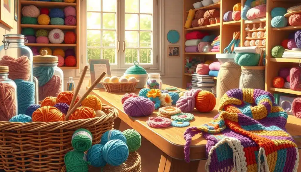 A cozy, well-lit crafting corner filled with colorful leftover yarns of various textures and types, neatly organized in glass jars and baskets. In the foreground, vibrant balls of yarn spill out of a charming wicker basket, with a pair of wooden knitting needles resting nearby. The middle ground features a wooden table scattered with small handmade projects such as a patchwork coasters, knitted flowers, and a multicolored scarf partially completed, showcasing creativity. In the background, shelves filled with more yarn and craft supplies create a warm atmosphere. Soft, natural daylight streams in through a nearby window, casting gentle shadows. The scene evokes a sense of inspiration and creativity, inviting viewers to explore their own leftover yarn ideas. A cozy, well-lit crafting corner filled with colorful leftover yarns of various textures and types, neatly organized in glass jars and baskets. In the foreground, vibrant balls of yarn spill out of a charming wicker basket, with a pair of wooden knitting needles resting nearby. The middle ground features a wooden table scattered with small handmade projects such as a patchwork coasters, knitted flowers, and a multicolored scarf partially completed, showcasing creativity. In the background, shelves filled with more yarn and craft supplies create a warm atmosphere. Soft, natural daylight streams in through a nearby window, casting gentle shadows. The scene evokes a sense of inspiration and creativity, inviting viewers to explore their own leftover yarn ideas.