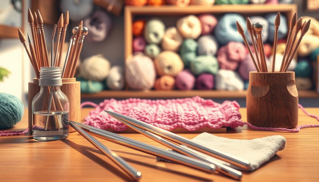 A cozy, well-lit workspace featuring a neatly arranged table with various knitting needles in wooden holders. In the foreground, focus on a pair of shiny metal knitting needles, glistening under soft, natural light, with a small bottle of needle care solution and a soft cloth placed beside them. The middle layer showcases an open knitting project with vibrant yarn in pastel colors, inviting warmth and creativity. The background features a softly blurred shelf filled with neatly organized yarns in different hues and textures, enhancing the homey atmosphere. The scene should evoke a sense of calm and care, ideal for promoting the maintenance of knitting tools. Use a shallow depth of field to emphasize the needles while maintaining a warm, inviting color palette. A cozy, well-lit workspace featuring a neatly arranged table with various knitting needles in wooden holders. In the foreground, focus on a pair of shiny metal knitting needles, glistening under soft, natural light, with a small bottle of needle care solution and a soft cloth placed beside them. The middle layer showcases an open knitting project with vibrant yarn in pastel colors, inviting warmth and creativity. The background features a softly blurred shelf filled with neatly organized yarns in different hues and textures, enhancing the homey atmosphere. The scene should evoke a sense of calm and care, ideal for promoting the maintenance of knitting tools. Use a shallow depth of field to emphasize the needles while maintaining a warm, inviting color palette.