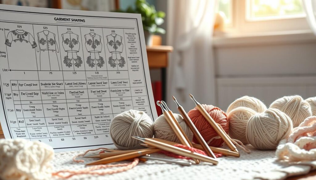 A detailed and colorful illustration of garment shaping charts used in crochet design, prominently displayed in the foreground. The charts are filled with intricate patterns, symbols, and measurements for garment shaping, showcasing various sections like sleeves, necklines, and hems. In the middle ground, several crochet hooks and skeins of yarn in a variety of soft colors are artistically arranged, hinting at the crafting process. The background features a softly blurred workspace with natural light streaming in from a window, casting gentle shadows and creating a cozy atmosphere. The overall mood should evoke creativity and inspiration, highlighting the beauty of crochet craftsmanship without any text or distractions. A detailed and colorful illustration of garment shaping charts used in crochet design, prominently displayed in the foreground. The charts are filled with intricate patterns, symbols, and measurements for garment shaping, showcasing various sections like sleeves, necklines, and hems. In the middle ground, several crochet hooks and skeins of yarn in a variety of soft colors are artistically arranged, hinting at the crafting process. The background features a softly blurred workspace with natural light streaming in from a window, casting gentle shadows and creating a cozy atmosphere. The overall mood should evoke creativity and inspiration, highlighting the beauty of crochet craftsmanship without any text or distractions.