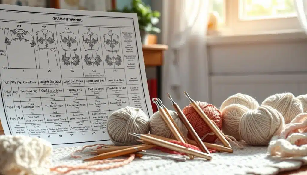 A detailed and colorful illustration of garment shaping charts used in crochet design, prominently displayed in the foreground. The charts are filled with intricate patterns, symbols, and measurements for garment shaping, showcasing various sections like sleeves, necklines, and hems. In the middle ground, several crochet hooks and skeins of yarn in a variety of soft colors are artistically arranged, hinting at the crafting process. The background features a softly blurred workspace with natural light streaming in from a window, casting gentle shadows and creating a cozy atmosphere. The overall mood should evoke creativity and inspiration, highlighting the beauty of crochet craftsmanship without any text or distractions. A detailed and colorful illustration of garment shaping charts used in crochet design, prominently displayed in the foreground. The charts are filled with intricate patterns, symbols, and measurements for garment shaping, showcasing various sections like sleeves, necklines, and hems. In the middle ground, several crochet hooks and skeins of yarn in a variety of soft colors are artistically arranged, hinting at the crafting process. The background features a softly blurred workspace with natural light streaming in from a window, casting gentle shadows and creating a cozy atmosphere. The overall mood should evoke creativity and inspiration, highlighting the beauty of crochet craftsmanship without any text or distractions.