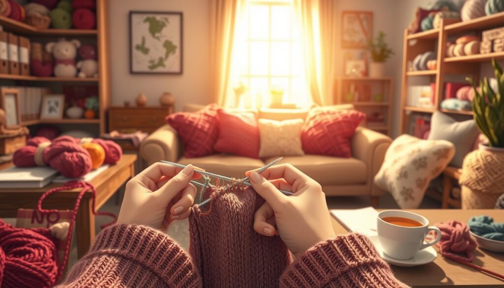A detailed scene showcasing a brioche knitting tutorial video in a cozy, inviting atmosphere. In the foreground, a pair of hands skillfully demonstrating brioche knitting techniques using vibrant yarn in rich colors. To the side, a neatly arranged workspace with knitting needles, a project book, and a steaming cup of tea, creating a warm ambiance. The middle ground features a softly lit, plush couch adorned with knitted pillows, emphasizing comfort and creativity. In the background, shelves lined with various yarns and knitting materials add depth to the scene. The room is illuminated by gentle, natural light coming through a window, casting a serene glow. The overall mood is encouraging and inspiring, perfect for intermediate and advanced knitters looking to elevate their skills. A detailed scene showcasing a brioche knitting tutorial video in a cozy, inviting atmosphere. In the foreground, a pair of hands skillfully demonstrating brioche knitting techniques using vibrant yarn in rich colors. To the side, a neatly arranged workspace with knitting needles, a project book, and a steaming cup of tea, creating a warm ambiance. The middle ground features a softly lit, plush couch adorned with knitted pillows, emphasizing comfort and creativity. In the background, shelves lined with various yarns and knitting materials add depth to the scene. The room is illuminated by gentle, natural light coming through a window, casting a serene glow. The overall mood is encouraging and inspiring, perfect for intermediate and advanced knitters looking to elevate their skills.