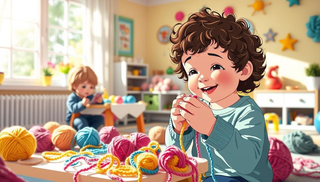 A heartwarming scene of toddlers engaged in finger knitting, surrounded by colorful yarn and cheerful knitting projects. In the foreground, a happy preschooler with curly hair is focused on their hands, skillfully weaving bright, soft yarn through their fingers. The middle ground features a small table cluttered with balls of yarn in vibrant colors like pink, blue, and yellow, along with a few simple, completed finger knitting creations like bracelets and small scarves. In the background, a sunny playroom with pastel walls and playful decorations enhances the joyful atmosphere. Soft, natural light pours through a window, casting gentle shadows, creating a warm, inviting mood. Capture the innocence and fun of creative play in a cozy environment, perfect for toddlers and preschoolers. A heartwarming scene of toddlers engaged in finger knitting, surrounded by colorful yarn and cheerful knitting projects. In the foreground, a happy preschooler with curly hair is focused on their hands, skillfully weaving bright, soft yarn through their fingers. The middle ground features a small table cluttered with balls of yarn in vibrant colors like pink, blue, and yellow, along with a few simple, completed finger knitting creations like bracelets and small scarves. In the background, a sunny playroom with pastel walls and playful decorations enhances the joyful atmosphere. Soft, natural light pours through a window, casting gentle shadows, creating a warm, inviting mood. Capture the innocence and fun of creative play in a cozy environment, perfect for toddlers and preschoolers.