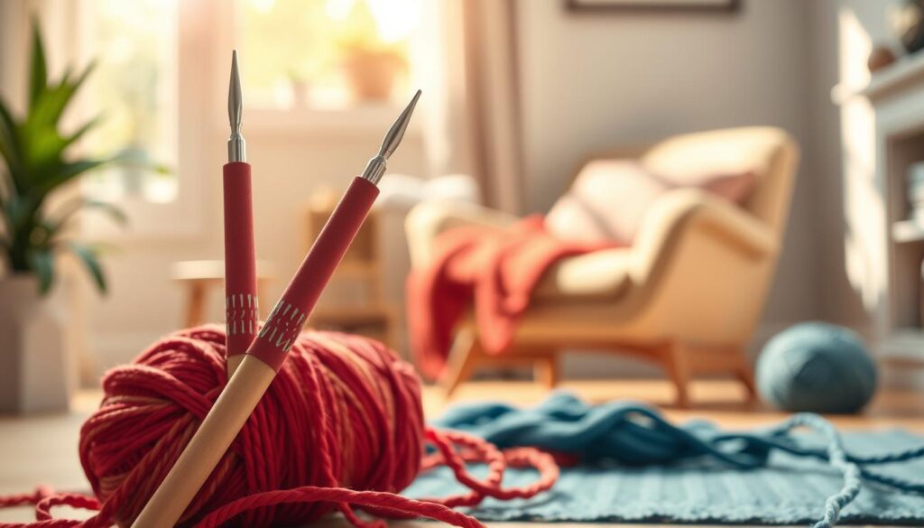 A serene indoor scene featuring ergonomic knitting needles prominently displayed in the foreground. The needles are elegantly curved with soft, cushioned grips to highlight their hand-friendly design. A skein of vibrant yarn sits nearby, showcasing rich colors that complement the needles. In the middle ground, a blurred backdrop of a cozy knitting nook with a comfortable chair and soft lighting enhances the warm atmosphere. Natural light filters through a nearby window, casting gentle shadows that add depth. The scene conveys a calming mood, emphasizing the idea of comfort in knitting while subtly indicating their ergonomic benefits. The overall composition is inviting and visually appealing, perfect for reflecting themes of relaxation and pain relief in crafting. A serene indoor scene featuring ergonomic knitting needles prominently displayed in the foreground. The needles are elegantly curved with soft, cushioned grips to highlight their hand-friendly design. A skein of vibrant yarn sits nearby, showcasing rich colors that complement the needles. In the middle ground, a blurred backdrop of a cozy knitting nook with a comfortable chair and soft lighting enhances the warm atmosphere. Natural light filters through a nearby window, casting gentle shadows that add depth. The scene conveys a calming mood, emphasizing the idea of comfort in knitting while subtly indicating their ergonomic benefits. The overall composition is inviting and visually appealing, perfect for reflecting themes of relaxation and pain relief in crafting.
