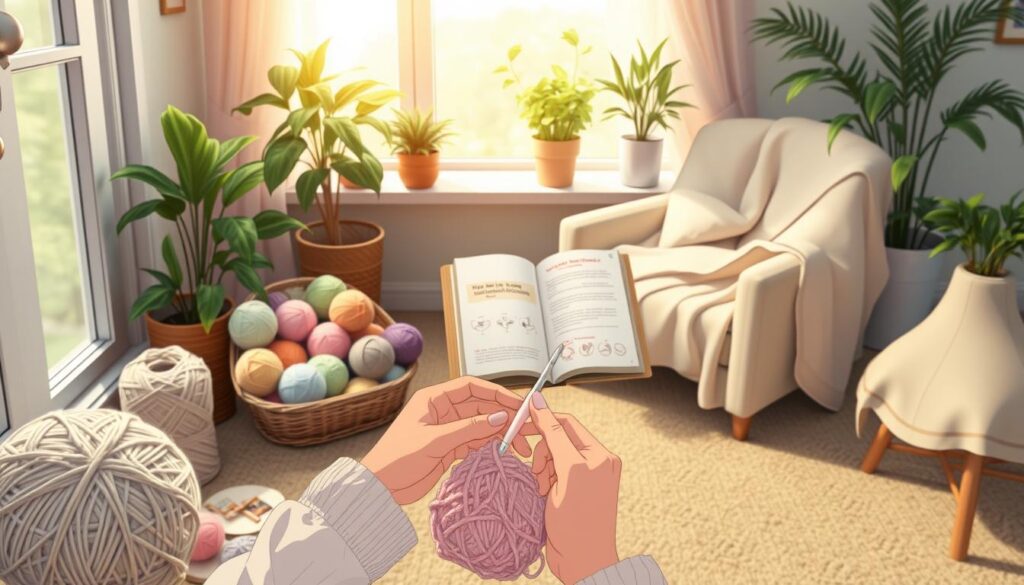 A serene indoor setting showcasing a cozy crochet nook, with a warm light filtering through a window, creating a calm atmosphere. In the foreground, a pair of hands gently working with soft, colorful yarn and a crochet hook, focused on creating a simple, beginner-friendly pattern. The middle layer features a neatly arranged collection of various yarn skeins in pastel colors, a small pattern book opened to a basic stitch guide, and an assortment of crochet tools. In the background, a comfortable armchair with a soft blanket draped over it, and potted plants adding a touch of nature, enhance the peaceful vibe of the space. The overall mood is tranquil and inviting, perfect for stress relief through crafting. A serene indoor setting showcasing a cozy crochet nook, with a warm light filtering through a window, creating a calm atmosphere. In the foreground, a pair of hands gently working with soft, colorful yarn and a crochet hook, focused on creating a simple, beginner-friendly pattern. The middle layer features a neatly arranged collection of various yarn skeins in pastel colors, a small pattern book opened to a basic stitch guide, and an assortment of crochet tools. In the background, a comfortable armchair with a soft blanket draped over it, and potted plants adding a touch of nature, enhance the peaceful vibe of the space. The overall mood is tranquil and inviting, perfect for stress relief through crafting.