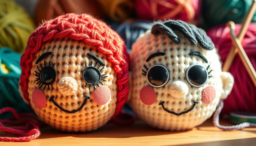 A split canvas displaying two distinct amigurumi faces: on one side, a detailed embroidered face featuring intricate stitching in vibrant colors, showcasing expressive eyes, a charming smile, and soft textures that invite touch. On the opposite side, a face utilizing safety eyes, exhibiting a more streamlined and modern look with glossy, round plastic eyes and a simplistic, playful expression. The foreground highlights these faces against a softly blurred backdrop of colorful yarn and crochet hooks, creating an inviting crafting atmosphere. The lighting is warm and natural, casting gentle shadows that enhance the textures of the yarn and stitching. The overall mood is cheerful and creative, perfect for showcasing the artistry of amigurumi face design. A split canvas displaying two distinct amigurumi faces: on one side, a detailed embroidered face featuring intricate stitching in vibrant colors, showcasing expressive eyes, a charming smile, and soft textures that invite touch. On the opposite side, a face utilizing safety eyes, exhibiting a more streamlined and modern look with glossy, round plastic eyes and a simplistic, playful expression. The foreground highlights these faces against a softly blurred backdrop of colorful yarn and crochet hooks, creating an inviting crafting atmosphere. The lighting is warm and natural, casting gentle shadows that enhance the textures of the yarn and stitching. The overall mood is cheerful and creative, perfect for showcasing the artistry of amigurumi face design.