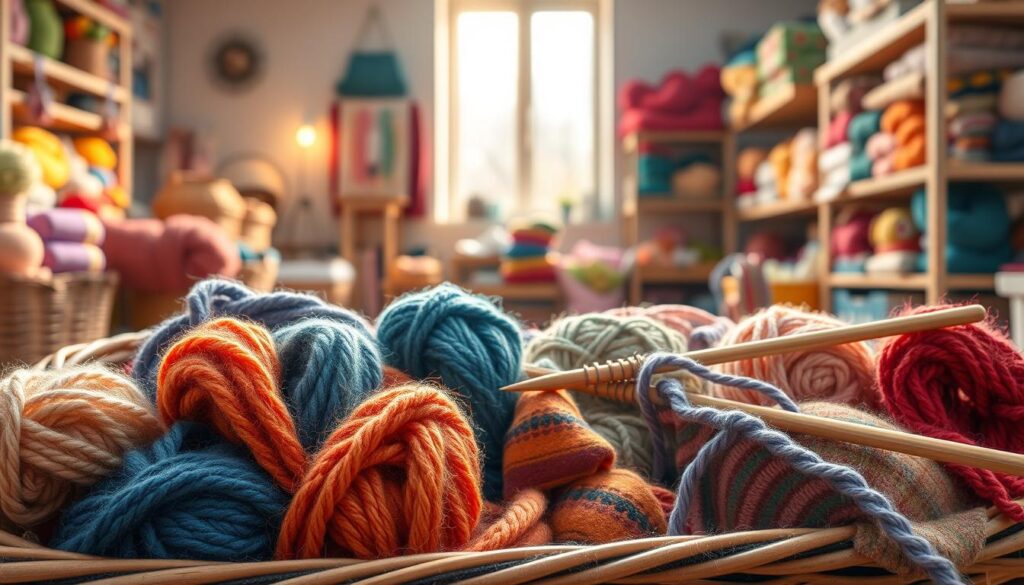 A vibrant collection of well-worn, stripe-patterned scrap yarns in a spacious, softly lit crafting area. In the foreground, a variety of textured yarns in diverse shades, such as deep blues, bright oranges, and soft pastels, are artfully arranged in a cozy, wicker basket. The middle ground features a wooden knitting needles resting beside partially finished colorful projects, showcasing beautiful, intricate stitch patterns, emphasizing the blending of leftover yarns. In the background, shelves filled with neatly stacked yarns and colorful crafting supplies are gently illuminated by warm, natural light from a nearby window, creating an inviting and creative atmosphere that inspires comfort and creativity. The overall mood is whimsical and cheerful, perfect for celebrating crafty ingenuity. A vibrant collection of well-worn, stripe-patterned scrap yarns in a spacious, softly lit crafting area. In the foreground, a variety of textured yarns in diverse shades, such as deep blues, bright oranges, and soft pastels, are artfully arranged in a cozy, wicker basket. The middle ground features a wooden knitting needles resting beside partially finished colorful projects, showcasing beautiful, intricate stitch patterns, emphasizing the blending of leftover yarns. In the background, shelves filled with neatly stacked yarns and colorful crafting supplies are gently illuminated by warm, natural light from a nearby window, creating an inviting and creative atmosphere that inspires comfort and creativity. The overall mood is whimsical and cheerful, perfect for celebrating crafty ingenuity.