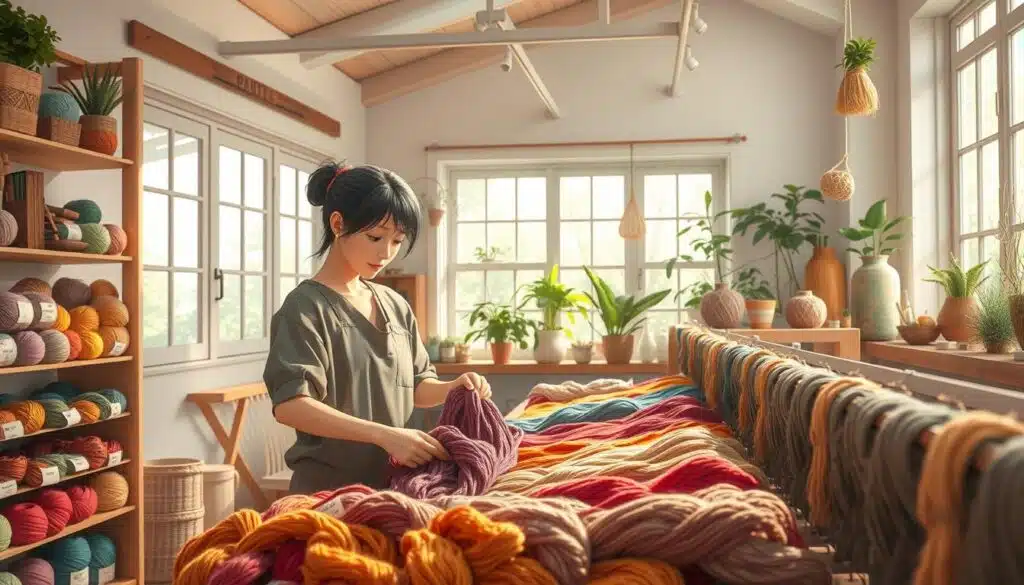 A visually serene scene showcasing ethical yarn sourcing, focusing on an artisan weaving vibrant, natural fibers in a sunlit workshop. In the foreground, a skilled artisan in modest, casual clothing skillfully arranges skeins of colorful, sustainable yarn made from organic materials. The middle ground features shelves lined with spools of earth-toned yarn, each labeled with their source—local farms and eco-friendly producers. In the background, large windows allow soft, natural light to illuminate the space, highlighting a small indoor garden with plants and sustainable decor. The atmosphere conveys a sense of community, craftsmanship, and commitment to sustainability, with a warm, inviting color palette that evokes harmony and responsibility in crafting. A visually serene scene showcasing ethical yarn sourcing, focusing on an artisan weaving vibrant, natural fibers in a sunlit workshop. In the foreground, a skilled artisan in modest, casual clothing skillfully arranges skeins of colorful, sustainable yarn made from organic materials. The middle ground features shelves lined with spools of earth-toned yarn, each labeled with their source—local farms and eco-friendly producers. In the background, large windows allow soft, natural light to illuminate the space, highlighting a small indoor garden with plants and sustainable decor. The atmosphere conveys a sense of community, craftsmanship, and commitment to sustainability, with a warm, inviting color palette that evokes harmony and responsibility in crafting.