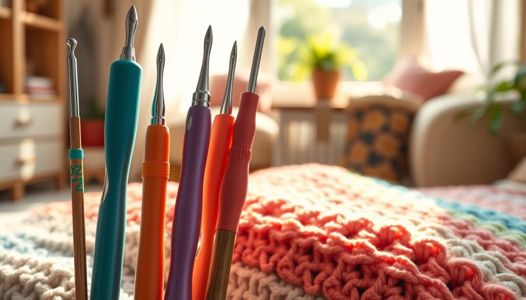 A visually striking array of ergonomic crochet hooks displayed prominently in the foreground, each hook showcasing unique designs with soft, cushioned grips in vibrant colors like teal, lavender, and coral. The hooks are made from shiny materials like aluminum and bamboo, reflecting gentle light. In the middle ground, a cozy, softly knitted blanket features various crochet patterns, subtly blurring to create depth. The background reveals a warm, inviting crafting space with natural light streaming through a window, casting soft shadows and creating a serene atmosphere. The mood is one of comfort and creativity, encouraging relaxation and stress relief, ideal for crafting enthusiasts. A visually striking array of ergonomic crochet hooks displayed prominently in the foreground, each hook showcasing unique designs with soft, cushioned grips in vibrant colors like teal, lavender, and coral. The hooks are made from shiny materials like aluminum and bamboo, reflecting gentle light. In the middle ground, a cozy, softly knitted blanket features various crochet patterns, subtly blurring to create depth. The background reveals a warm, inviting crafting space with natural light streaming through a window, casting soft shadows and creating a serene atmosphere. The mood is one of comfort and creativity, encouraging relaxation and stress relief, ideal for crafting enthusiasts.