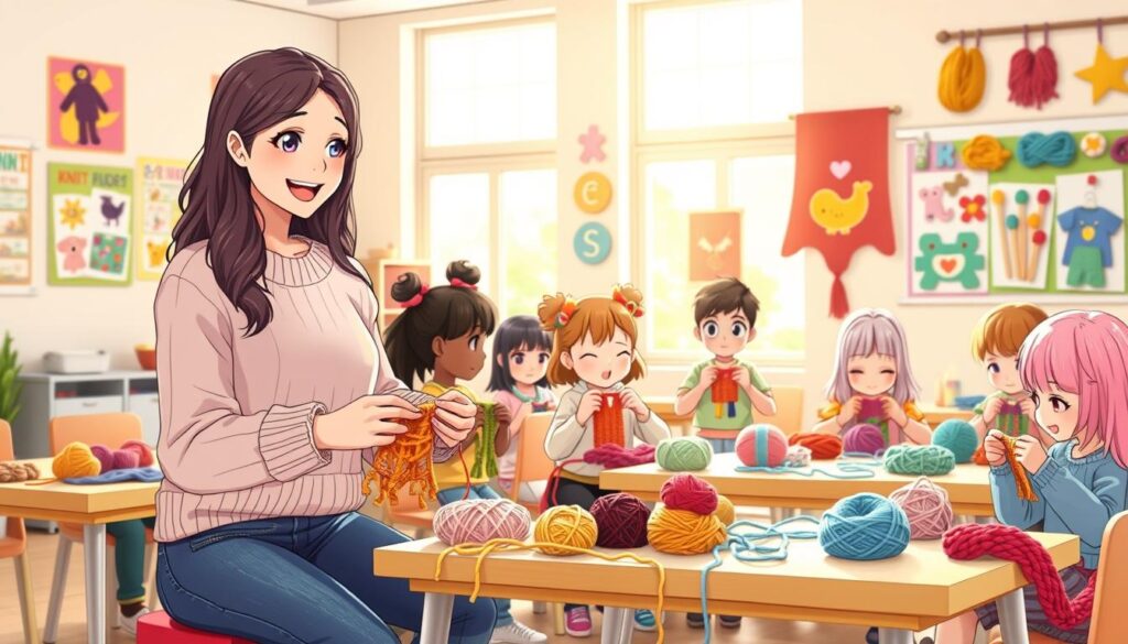 A warm and inviting classroom setting, featuring a diverse group of children aged 6-10, engaged in knitting. In the foreground, a smiling female instructor, wearing a cozy sweater and jeans, demonstrates knitting techniques with colorful yarn and beginner-friendly needles. The children, each in comfortable casual clothing, are seated at small tables, attentively watching and attempting to knit their own projects with vibrant yarns in various shades. The middle ground showcases a bright, sunlit room adorned with knitting supplies, colorful posters of fun patterns, and completed projects hanging on the walls. In the background, large windows let in soft, natural light, creating a cheerful and motivating atmosphere. The image conveys a sense of creativity, excitement, and collaboration, perfect for teaching kids the art of knitting. A warm and inviting classroom setting, featuring a diverse group of children aged 6-10, engaged in knitting. In the foreground, a smiling female instructor, wearing a cozy sweater and jeans, demonstrates knitting techniques with colorful yarn and beginner-friendly needles. The children, each in comfortable casual clothing, are seated at small tables, attentively watching and attempting to knit their own projects with vibrant yarns in various shades. The middle ground showcases a bright, sunlit room adorned with knitting supplies, colorful posters of fun patterns, and completed projects hanging on the walls. In the background, large windows let in soft, natural light, creating a cheerful and motivating atmosphere. The image conveys a sense of creativity, excitement, and collaboration, perfect for teaching kids the art of knitting.
