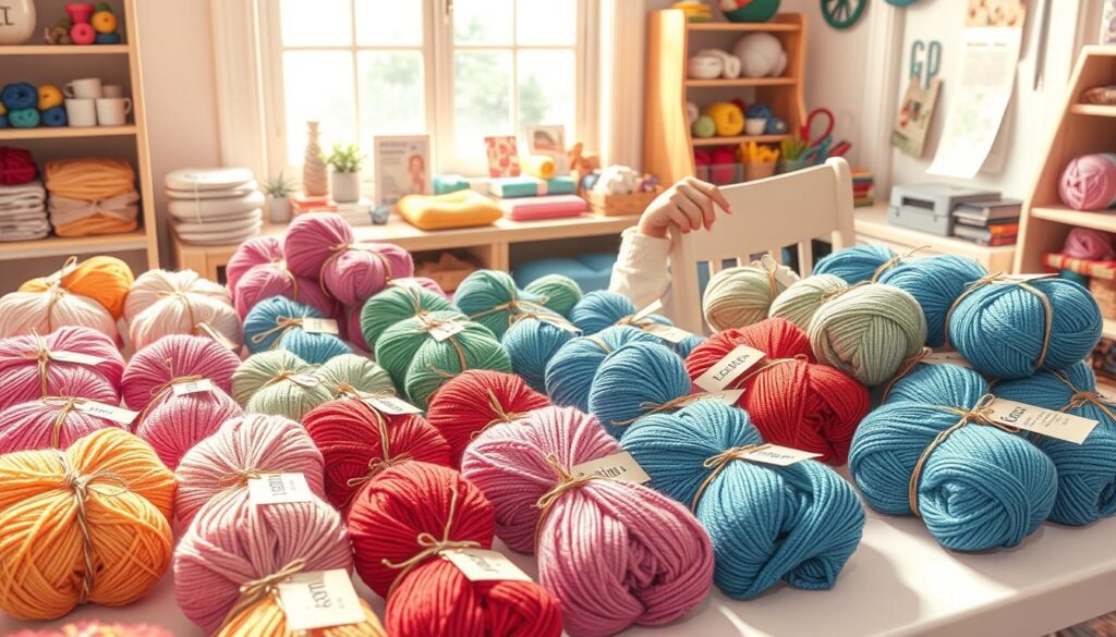 A well-lit tabletop display showcases an array of colorful scrap yarn kits, neatly arranged in aesthetically pleasing bundles. In the foreground, vibrant skeins of yarn in various textures and shades, such as soft pastels and bold primaries, are tied with twine and labeled with tags describing potential projects. In the middle ground, there is a pair of hands—a person in modest casual clothing—carefully sorting through the kits, embodying creativity and inspiration. The background features a cozy crafting corner with natural light filtering through a window, highlighting a small shelf filled with yarn tools and patterns, creating a warm, inviting atmosphere. The overall mood is cheerful and community-focused, encouraging viewers to explore new crafting ideas with scrap yarn. A well-lit tabletop display showcases an array of colorful scrap yarn kits, neatly arranged in aesthetically pleasing bundles. In the foreground, vibrant skeins of yarn in various textures and shades, such as soft pastels and bold primaries, are tied with twine and labeled with tags describing potential projects. In the middle ground, there is a pair of hands—a person in modest casual clothing—carefully sorting through the kits, embodying creativity and inspiration. The background features a cozy crafting corner with natural light filtering through a window, highlighting a small shelf filled with yarn tools and patterns, creating a warm, inviting atmosphere. The overall mood is cheerful and community-focused, encouraging viewers to explore new crafting ideas with scrap yarn.