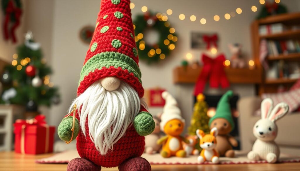 A whimsical crochet gnome pattern displayed prominently in the foreground, featuring a vibrant red and green outfit with intricate stitch details, a white beard, and a tall, pointy hat. The gnome holds a tiny crochet hook and a skein of colorful yarn, portraying a sense of creativity and festivity. In the middle ground, a cozy holiday setting includes small stitched elves and woodland animals like a cheerful fox and a curious bunny, all made with soft yarn textures. In the background, a softly blurred, warmly lit living room with festive decorations and twinkling lights enhances the atmosphere. The scene captures the essence of holiday charm and joy, inviting viewers into a crafting wonderland. Bright, soft lighting provides a cheerful glow, creating an inviting and magical ambiance. A whimsical crochet gnome pattern displayed prominently in the foreground, featuring a vibrant red and green outfit with intricate stitch details, a white beard, and a tall, pointy hat. The gnome holds a tiny crochet hook and a skein of colorful yarn, portraying a sense of creativity and festivity. In the middle ground, a cozy holiday setting includes small stitched elves and woodland animals like a cheerful fox and a curious bunny, all made with soft yarn textures. In the background, a softly blurred, warmly lit living room with festive decorations and twinkling lights enhances the atmosphere. The scene captures the essence of holiday charm and joy, inviting viewers into a crafting wonderland. Bright, soft lighting provides a cheerful glow, creating an inviting and magical ambiance.