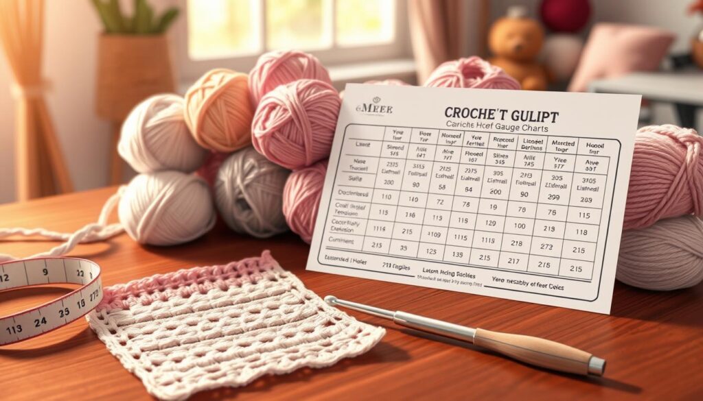 A beautifully arranged crochet gauge guide displayed on a wooden table. In the foreground, a measuring tape and a crochet hook lie beside a swatch of crocheted fabric showcasing different stitch patterns in soft pastel colors. The middle features a neatly organized array of yarn skeins in various shades, alongside a printed gauge chart that details the recommended hook sizes and tensions. The background should be softly blurred with a cozy crafting space, including a window with warm, natural light streaming in, highlighting the textures of the yarn and the intricate stitches on the swatch. The mood is inviting and inspiring, perfect for a crafting enthusiast immersed in their projects. A beautifully arranged crochet gauge guide displayed on a wooden table. In the foreground, a measuring tape and a crochet hook lie beside a swatch of crocheted fabric showcasing different stitch patterns in soft pastel colors. The middle features a neatly organized array of yarn skeins in various shades, alongside a printed gauge chart that details the recommended hook sizes and tensions. The background should be softly blurred with a cozy crafting space, including a window with warm, natural light streaming in, highlighting the textures of the yarn and the intricate stitches on the swatch. The mood is inviting and inspiring, perfect for a crafting enthusiast immersed in their projects.