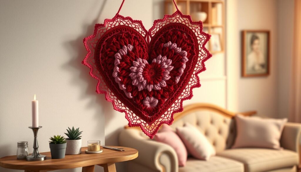 A beautifully crafted crochet heart wall hanging displayed prominently in a cozy, softly lit living room. The heart is made from varied hues of red and pink yarn, showcasing intricate patterns and textures, while delicate lace edges add a touch of elegance. The foreground features a wooden shelf adorned with small potted plants and candle holders, enhancing the warm ambiance. In the background, a softly blurred view of a vintage-style sofa with fluffy pillows creates an inviting atmosphere. The lighting is warm and inviting, casting gentle shadows that highlight the fiber art. The overall mood suggests comfort and romantic charm, perfect for a cozy Valentine’s decor theme. A beautifully crafted crochet heart wall hanging displayed prominently in a cozy, softly lit living room. The heart is made from varied hues of red and pink yarn, showcasing intricate patterns and textures, while delicate lace edges add a touch of elegance. The foreground features a wooden shelf adorned with small potted plants and candle holders, enhancing the warm ambiance. In the background, a softly blurred view of a vintage-style sofa with fluffy pillows creates an inviting atmosphere. The lighting is warm and inviting, casting gentle shadows that highlight the fiber art. The overall mood suggests comfort and romantic charm, perfect for a cozy Valentine’s decor theme.