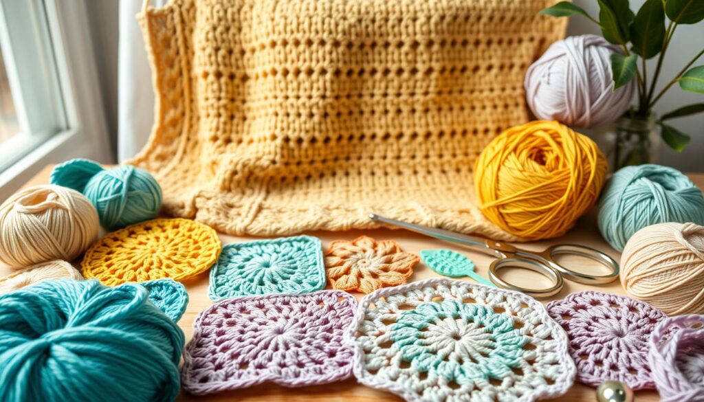 A beautifully crafted flat lay of one skein crochet patterns ideas, showcasing a variety of vibrant yarns in a spectrum of colors including teal, mustard yellow, and soft lavender. The foreground features intricately designed crochet squares, circles, and unique motifs in soft pastels, neatly arranged with a crochet hook and a pair of scissors. In the middle, a cozy knitted backdrop enhances the scene, perhaps a textured blanket or an elegant table. The background is softly blurred, hinting at a well-lit crafting space with natural light flooding in from a nearby window, creating a warm and inviting atmosphere. The composition feels inspiring and creative, ideal for showcasing quick and easy crochet projects. A beautifully crafted flat lay of one skein crochet patterns ideas, showcasing a variety of vibrant yarns in a spectrum of colors including teal, mustard yellow, and soft lavender. The foreground features intricately designed crochet squares, circles, and unique motifs in soft pastels, neatly arranged with a crochet hook and a pair of scissors. In the middle, a cozy knitted backdrop enhances the scene, perhaps a textured blanket or an elegant table. The background is softly blurred, hinting at a well-lit crafting space with natural light flooding in from a nearby window, creating a warm and inviting atmosphere. The composition feels inspiring and creative, ideal for showcasing quick and easy crochet projects.